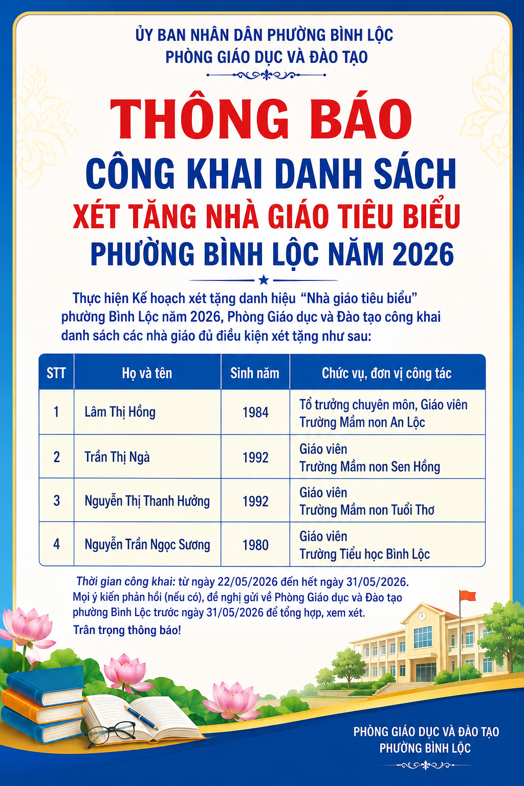 Thông báo niêm yết công khai Danh sách đề nghị xét ccho5n Nhà giáo tiêu biểu năm 2026 trên địa bàn phường Bình Lộc