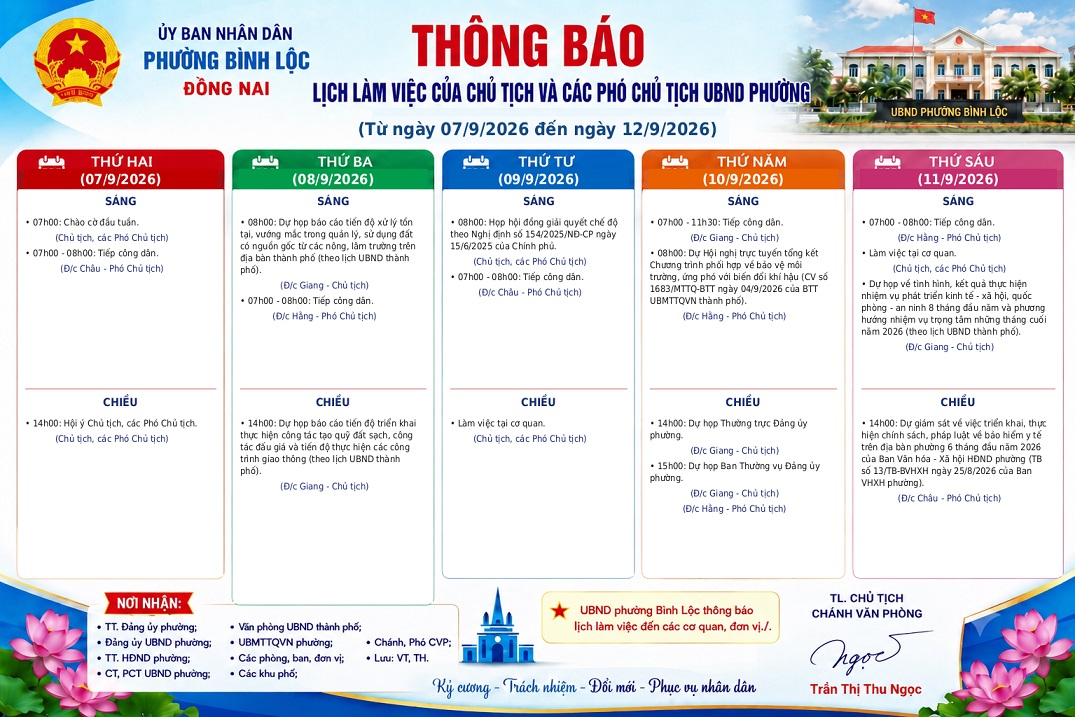 Lịch làm việc của Chủ tịch và các Phó Chủ tịch UBND phường (Từ ngày 07/9/2026 đến ngày 12/9/2026)